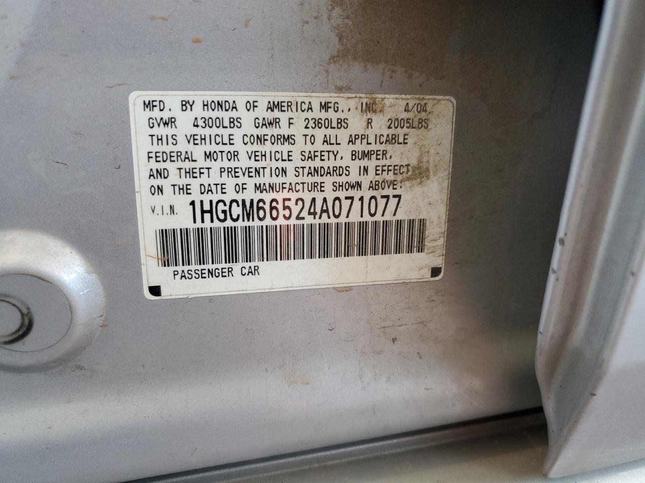 2004 Honda Accord Ex VIN: 1HGCM66524A071077 Lot: 64676665
