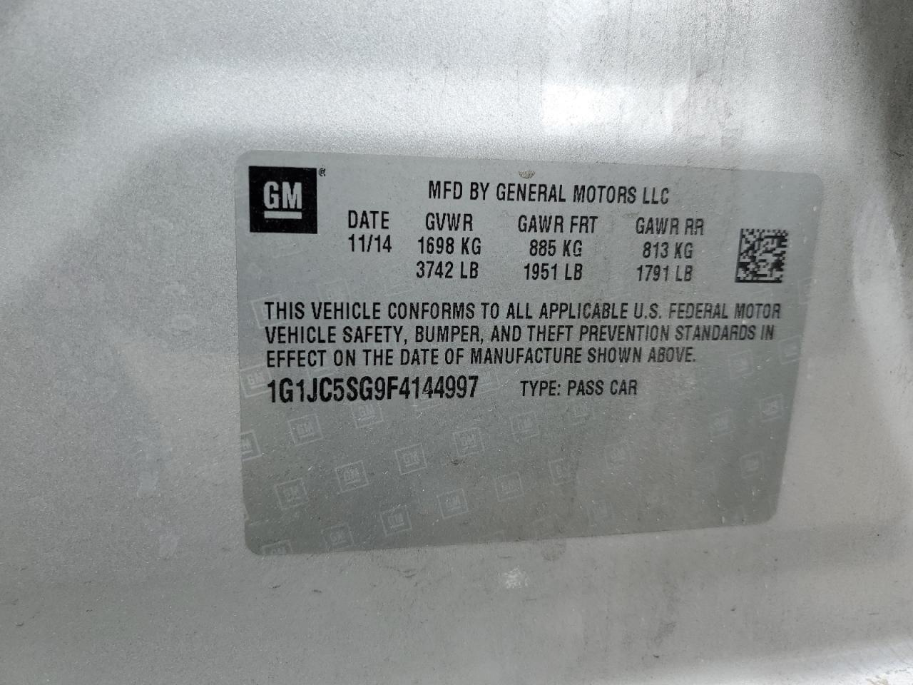2015 Chevrolet Sonic Lt VIN: 1G1JC5SG9F4144997 Lot: 63798635