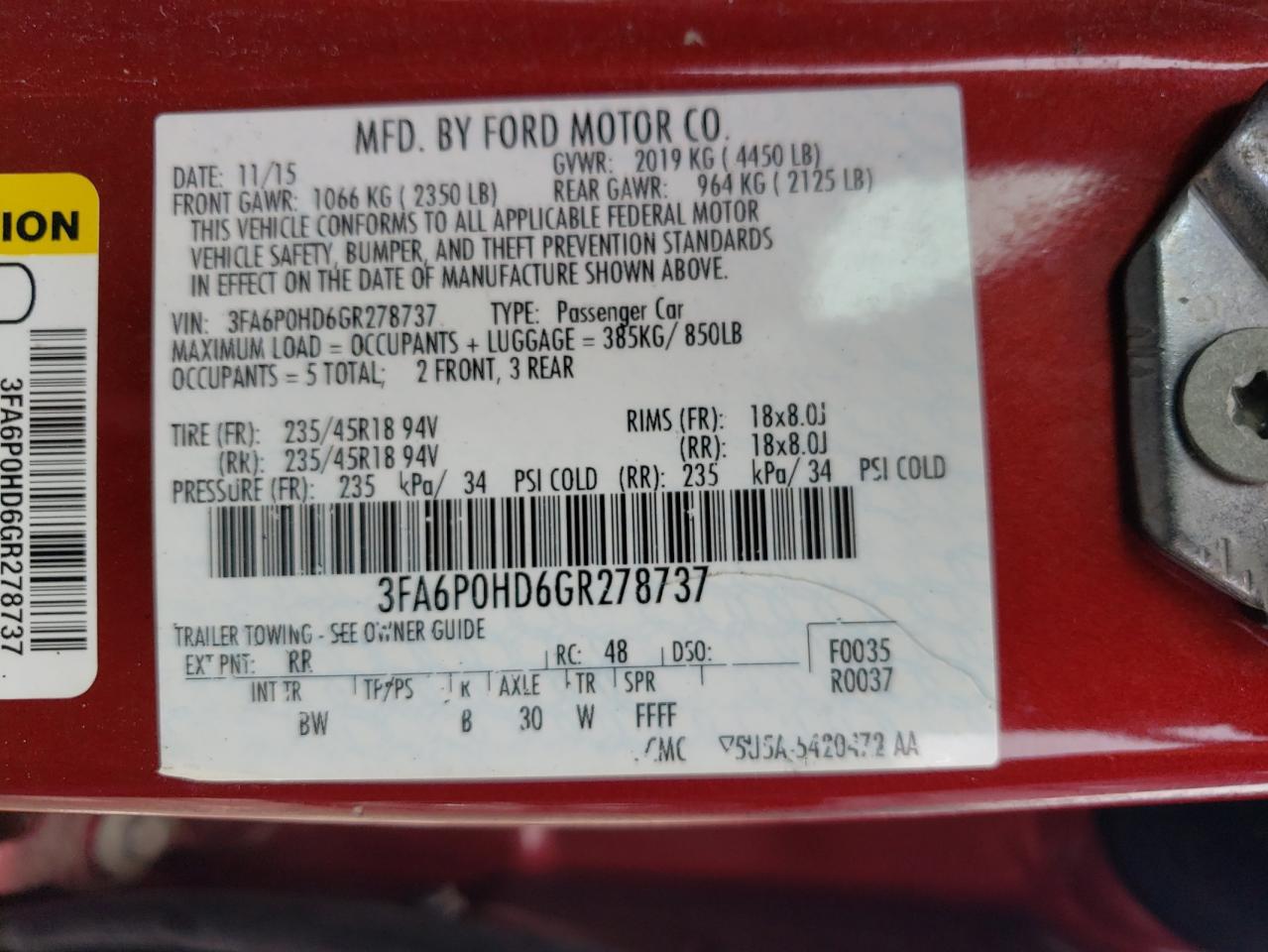 2016 Ford Fusion Se VIN: 3FA6P0HD6GR278737 Lot: 65046145