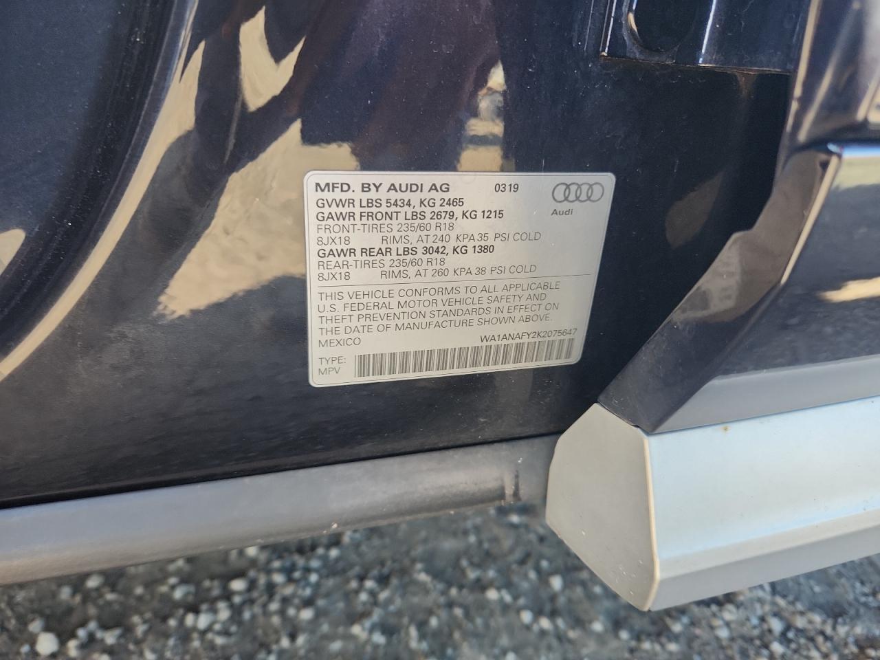 2019 Audi Q5 Premium VIN: WA1ANAFY2K2075647 Lot: 65224835