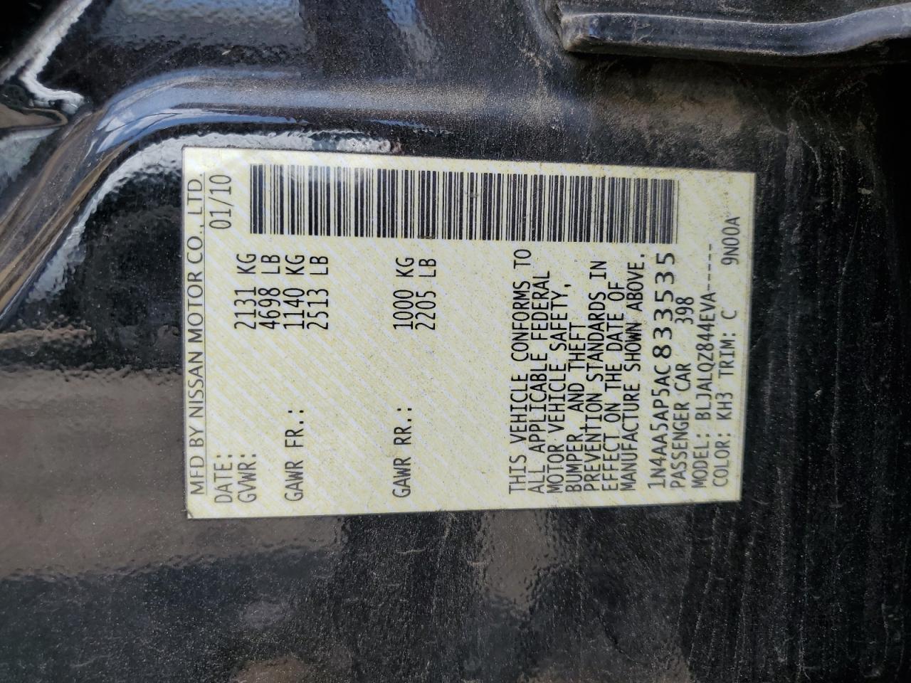 2010 Nissan Maxima S VIN: 1N4AA5AP5AC833535 Lot: 65092935