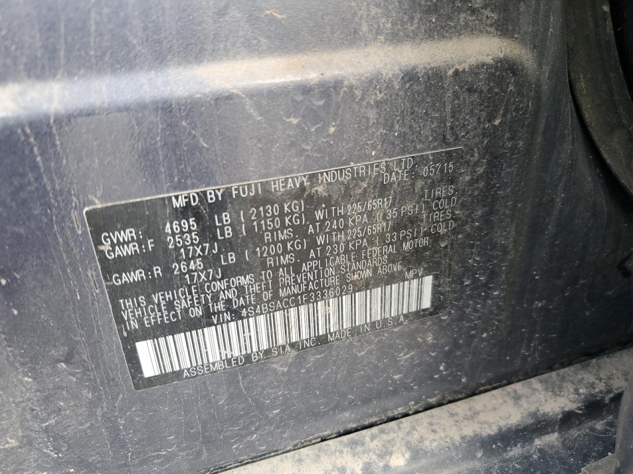 2015 Subaru Outback 2.5I Premium VIN: 4S4BSACC1F3336029 Lot: 65079845