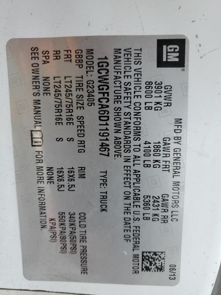 2013 Chevrolet Express G2500 VIN: 1GCWGFCA6D1191467 Lot: 66310525