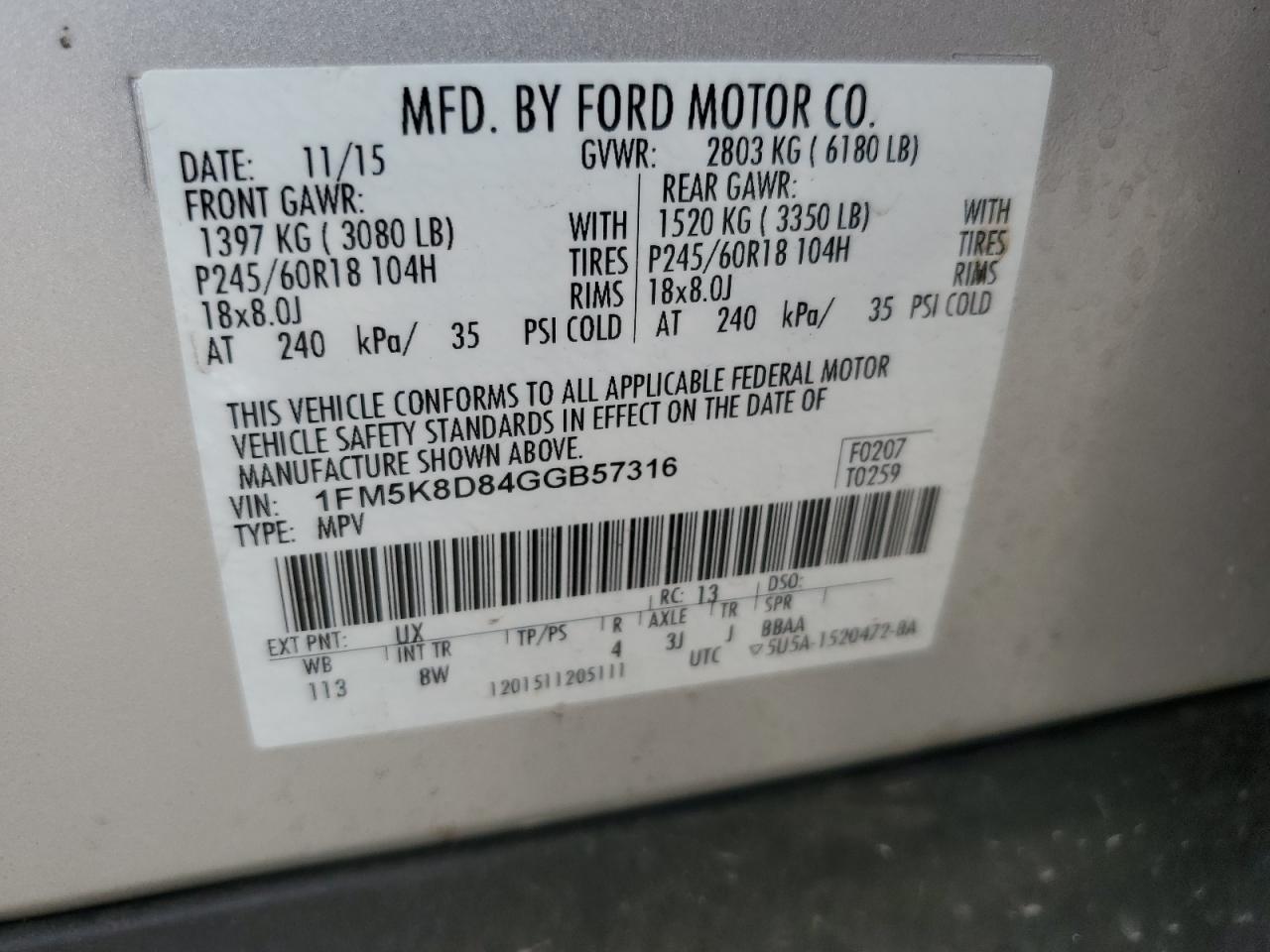 2016 Ford Explorer Xlt VIN: 1FM5K8D84GGB57316 Lot: 65228655