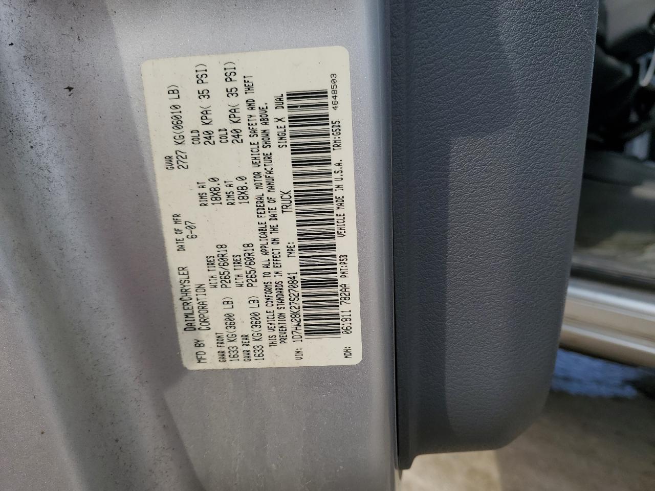 2007 Dodge Dakota Quad VIN: 1D7HW28K27S270841 Lot: 64657325