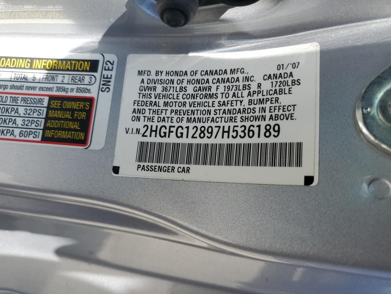 2007 Honda Civic Ex VIN: 2HGFG12897H536189 Lot: 65235785