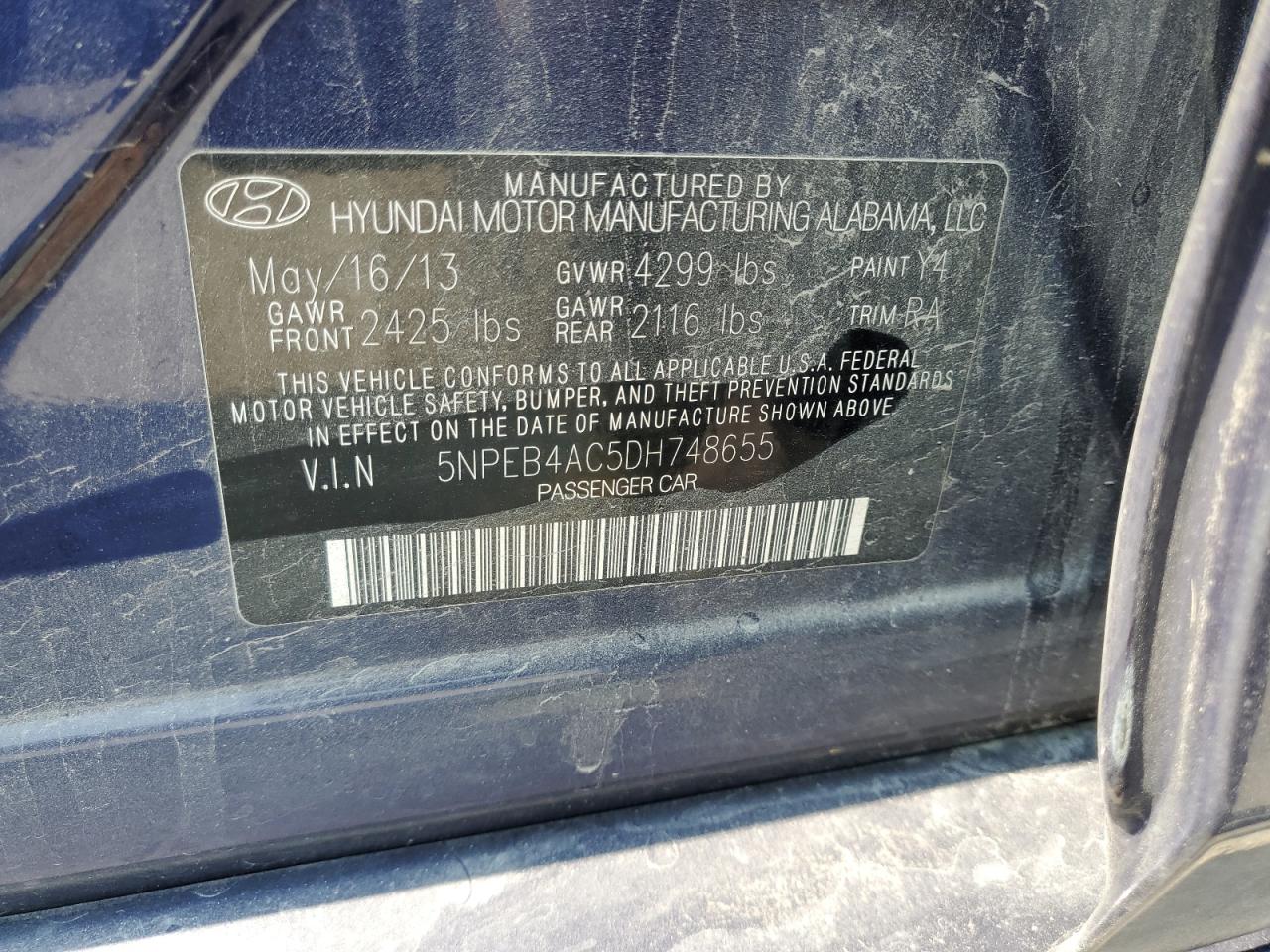 2013 Hyundai Sonata Gls VIN: 5NPEB4AC5DH748655 Lot: 64418515