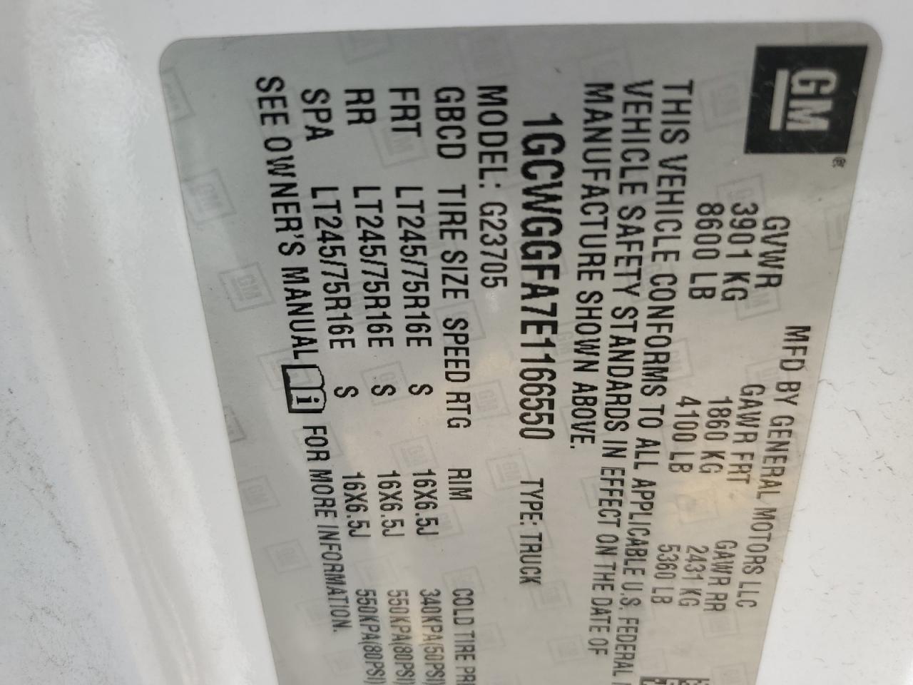 2014 Chevrolet Express G2500 VIN: 1GCWGGFA7E1166550 Lot: 93859595