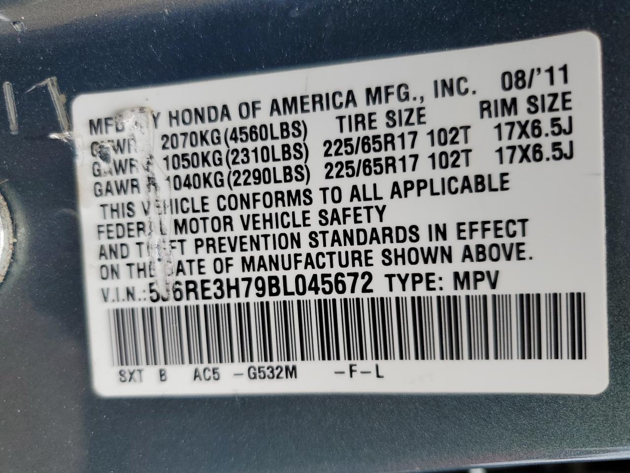 2011 Honda Cr-V Exl VIN: 5J6RE3H79BL045672 Lot: 65062115