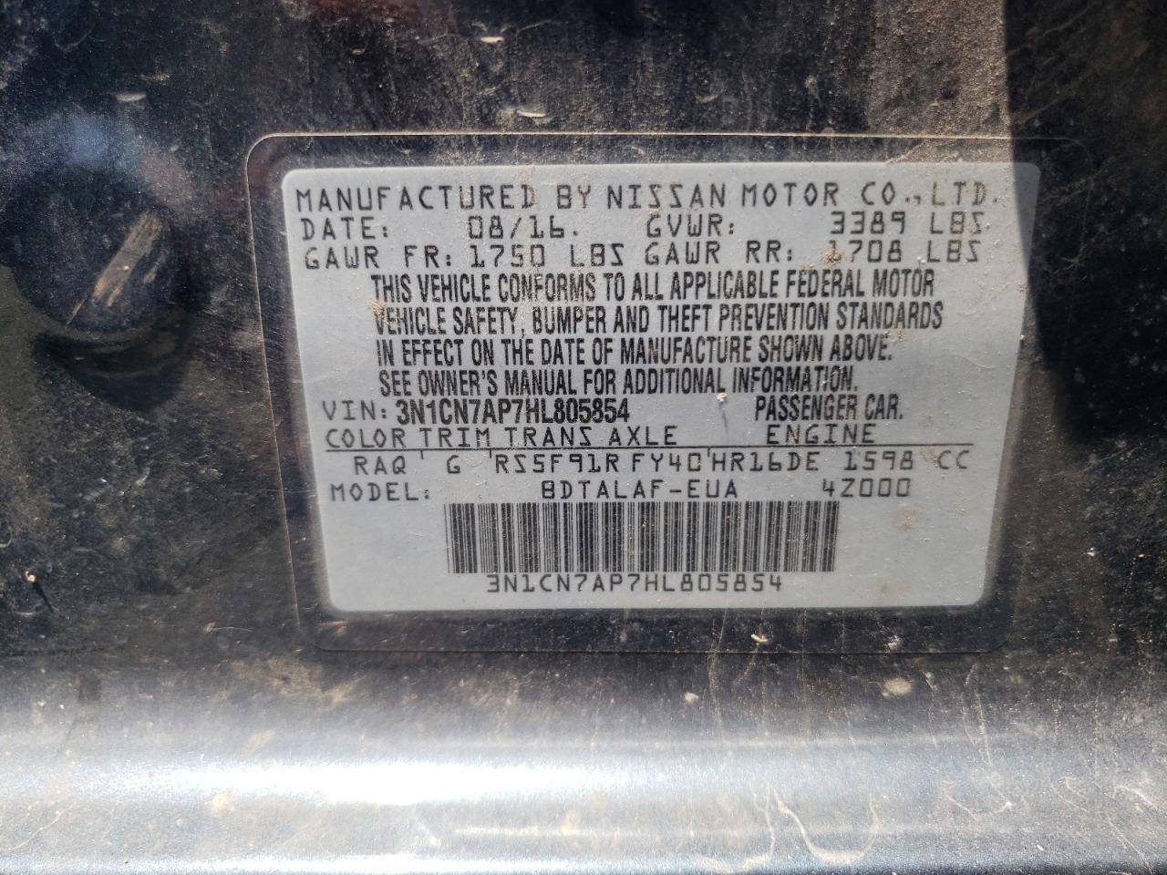 2017 Nissan Versa S VIN: 3N1CN7AP7HL805854 Lot: 64832325