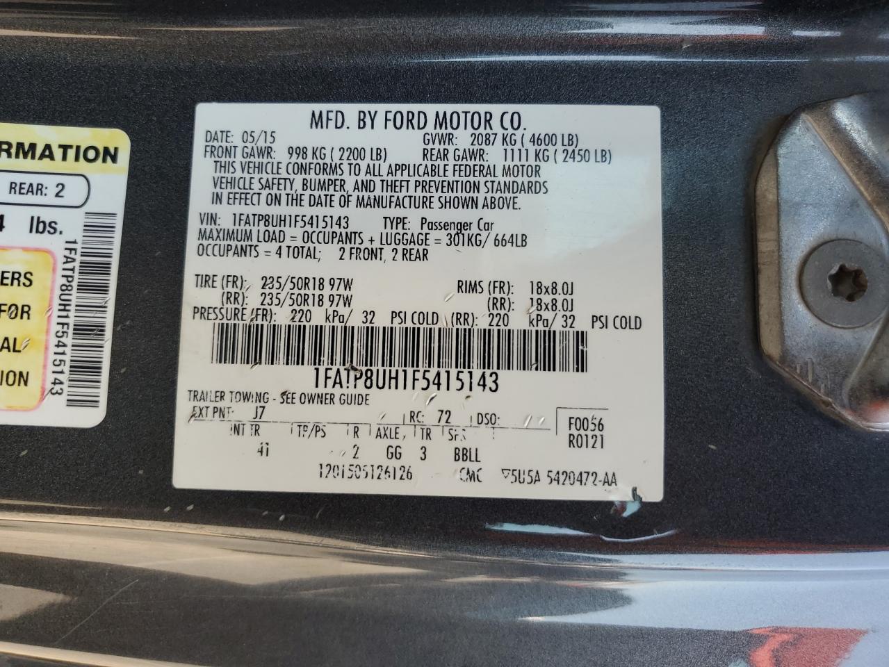 2015 Ford Mustang VIN: 1FATP8UH1F5415143 Lot: 64595095
