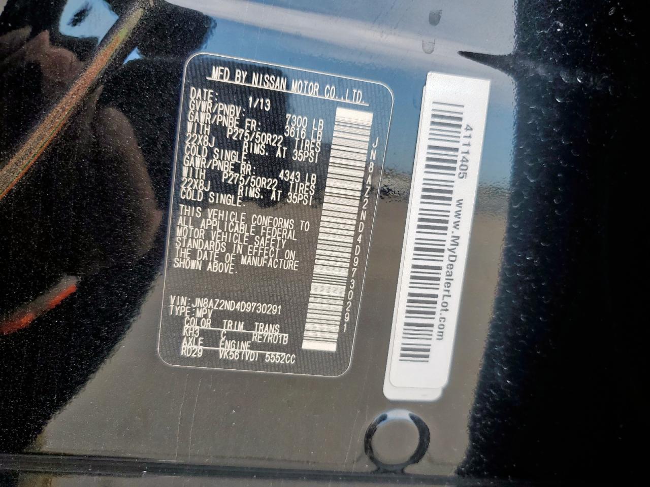 2013 Infiniti Qx56 VIN: JN8AZ2ND4D9730291 Lot: 61919215