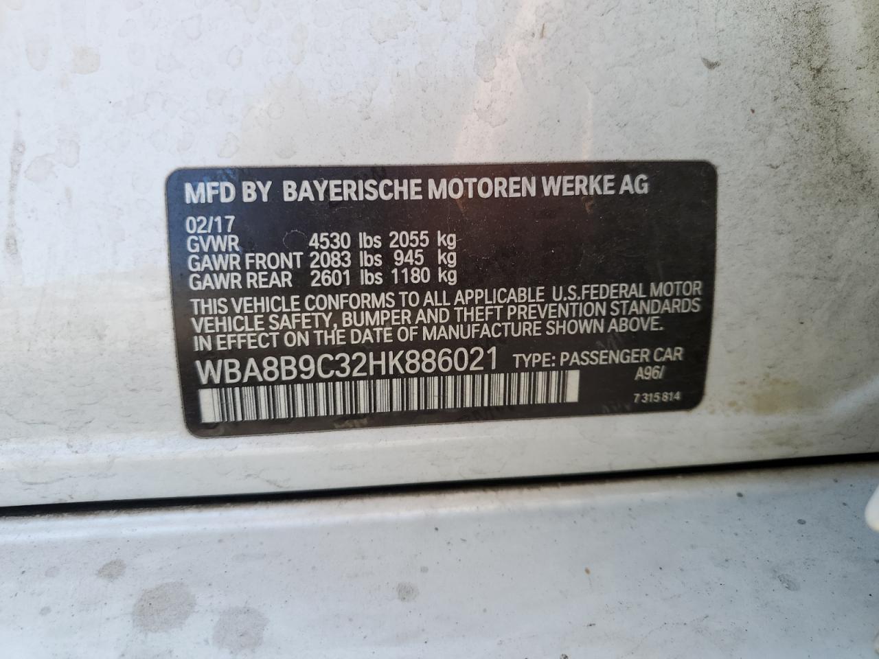 2017 BMW 330 I VIN: WBA8B9C32HK886021 Lot: 62927495