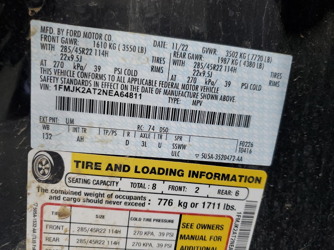 2022 Ford Expedition Max Limited VIN: 1FMJK2AT2NEA64811 Lot: 63471055