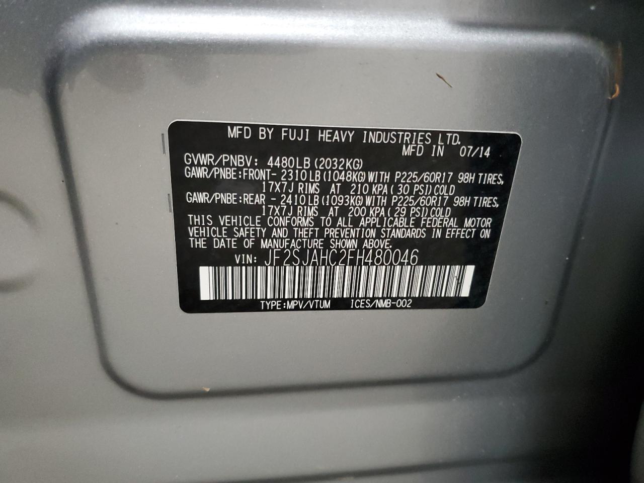 2015 Subaru Forester 2.5I Limited VIN: JF2SJAHC2FH480046 Lot: 65861935