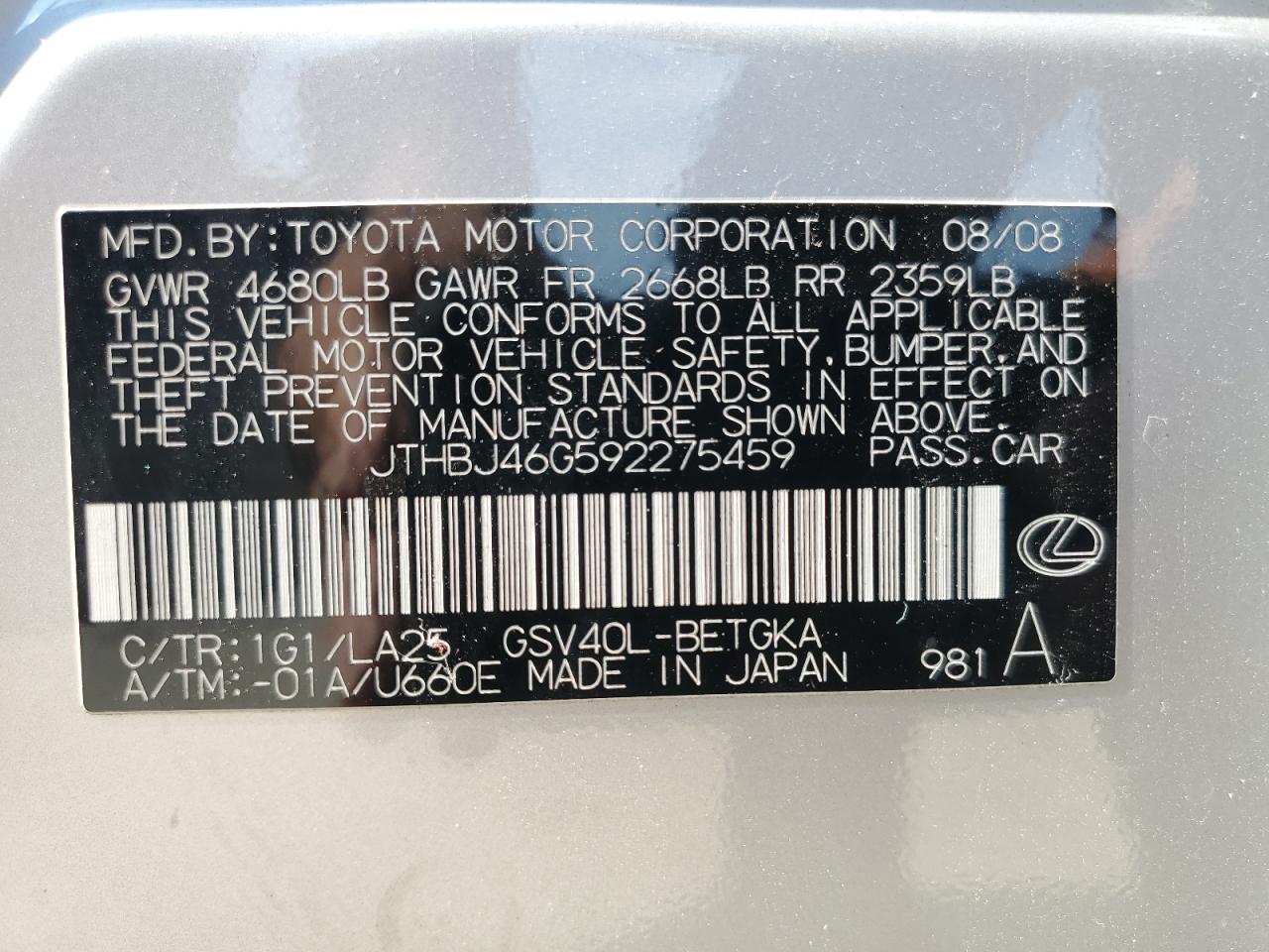 2009 Lexus Es 350 VIN: JTHBJ46G592275459 Lot: 63519995