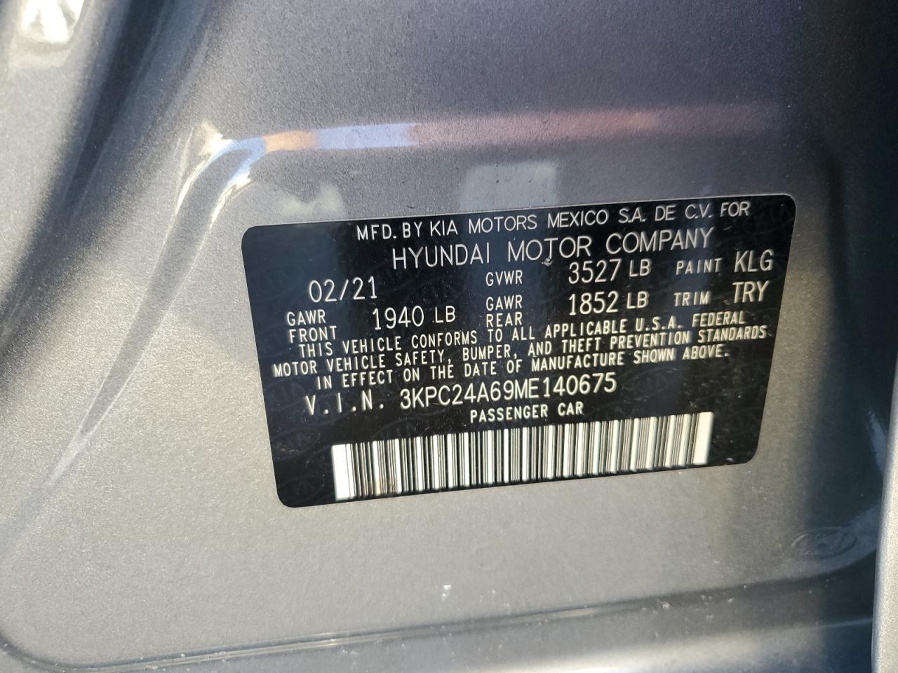 2021 Hyundai Accent Se VIN: 3KPC24A69ME140675 Lot: 65211355