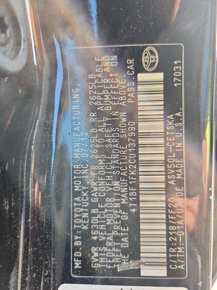 2012 Toyota Camry Base VIN: 4T1BF1FK2CU137990 Lot: 63506445