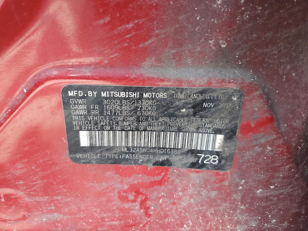2017 Mitsubishi Mirage Gt VIN: ML32A5HJ4HH016380 Lot: 65060135