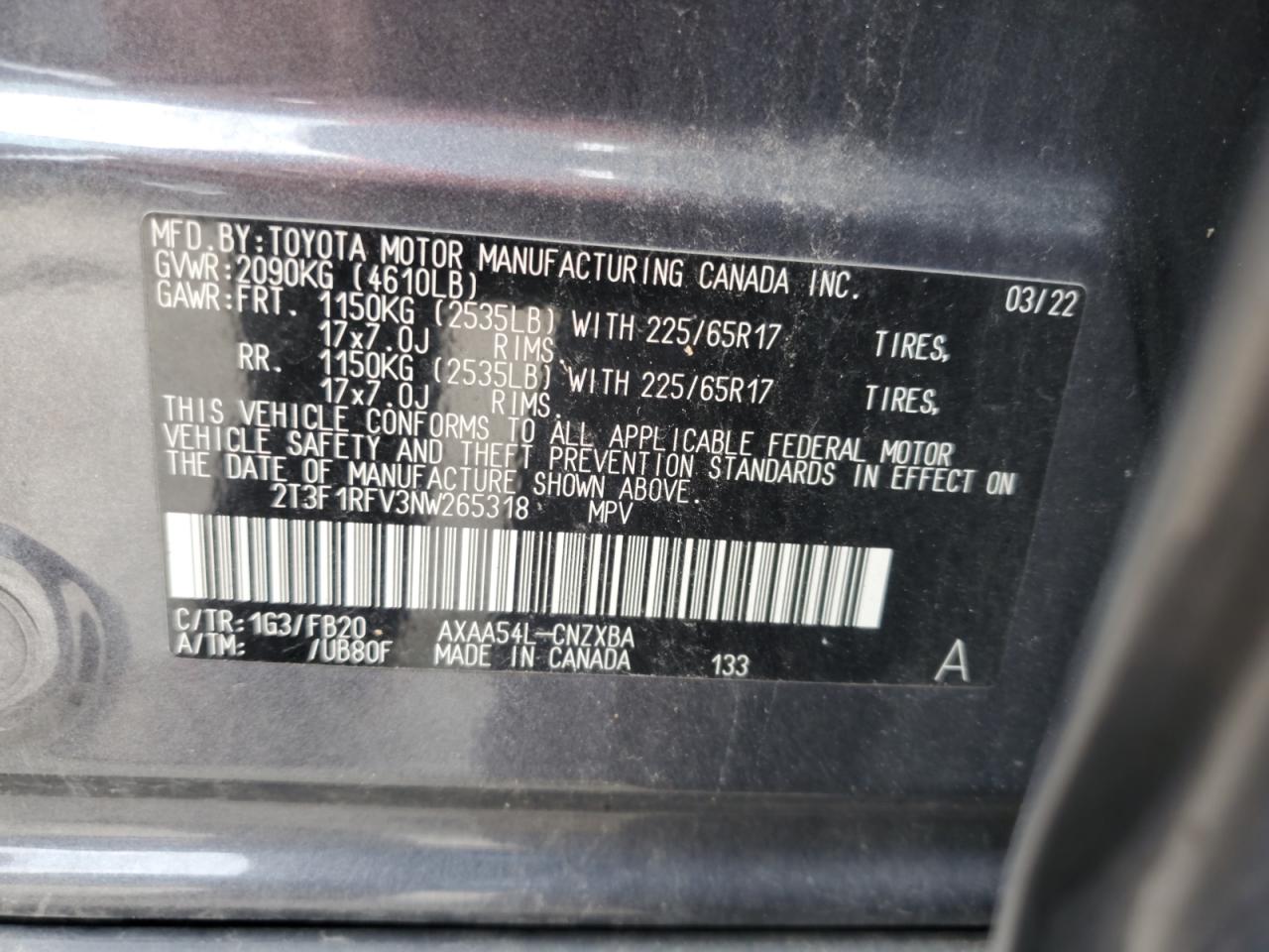 2022 Toyota Rav4 Le VIN: 2T3F1RFV3NW265318 Lot: 64550595
