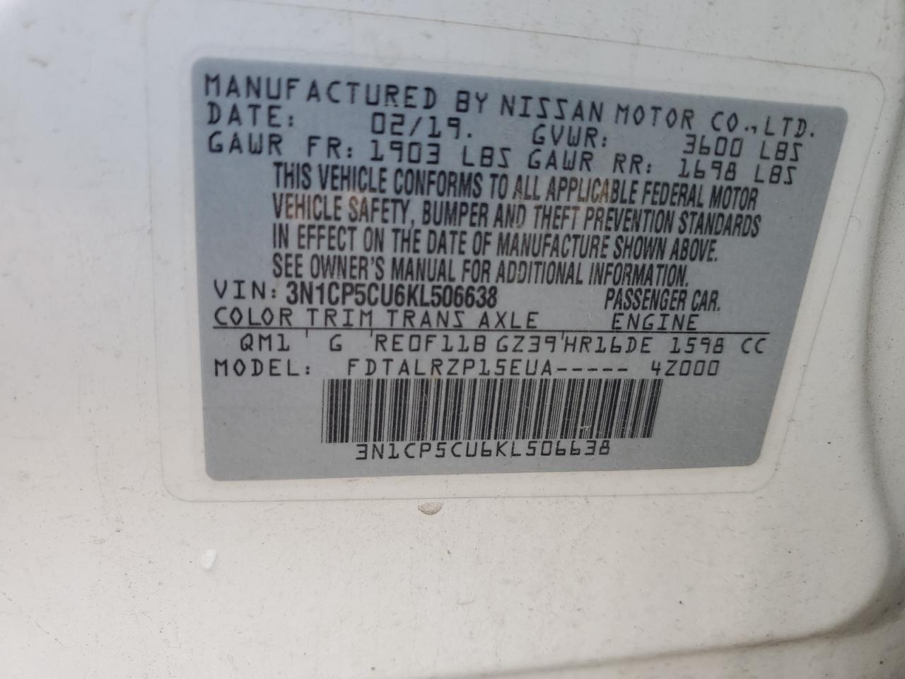 2019 Nissan Kicks S VIN: 3N1CP5CU6KL506638 Lot: 64593305
