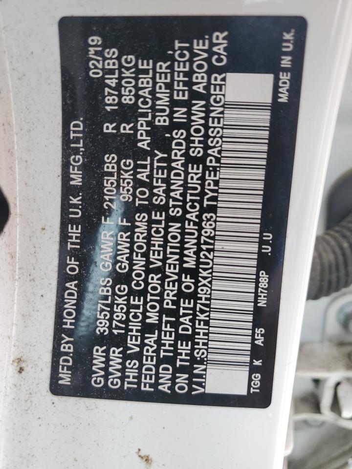 2019 Honda Civic Sport Touring VIN: SHHFK7H9XKU217963 Lot: 64747475