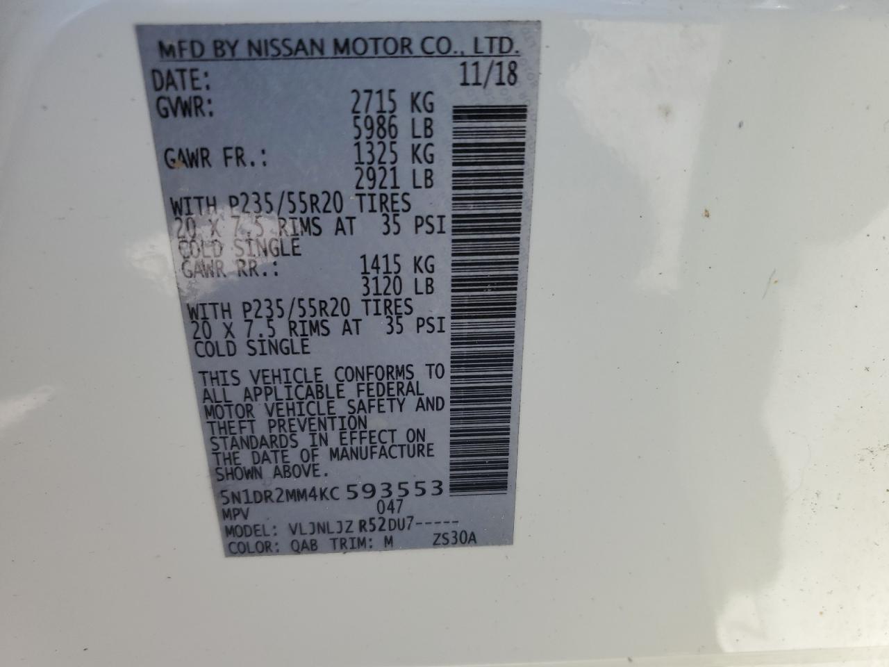2019 Nissan Pathfinder S VIN: 5N1DR2MM4KC593553 Lot: 63743765