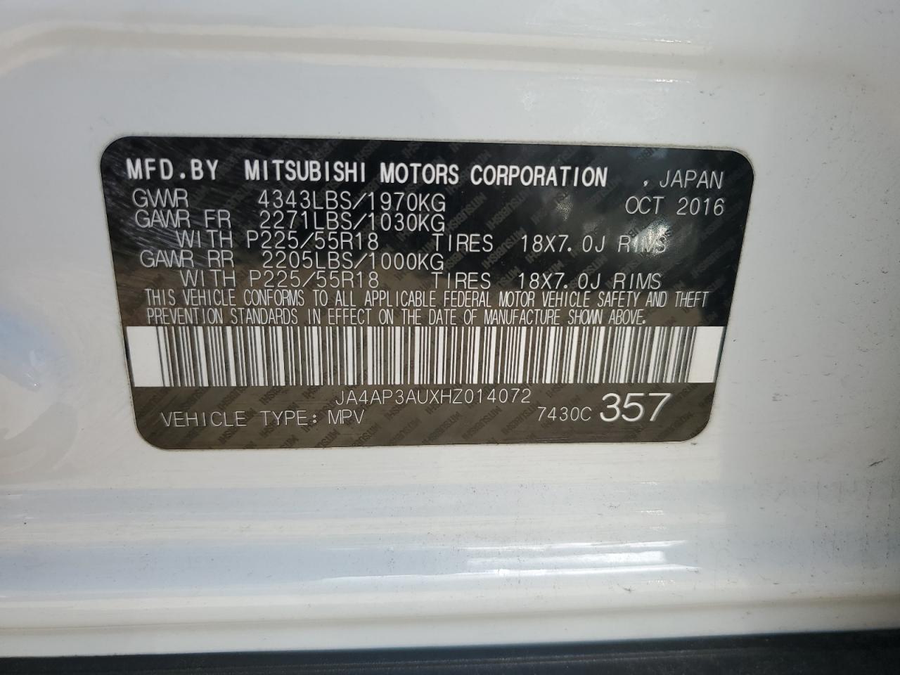 2017 Mitsubishi Outlander Sport Es VIN: JA4AP3AUXHZ014072 Lot: 62939425