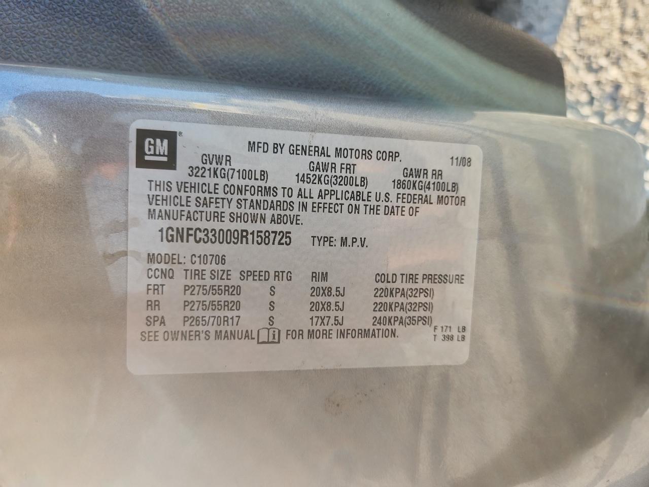 2009 Chevrolet Tahoe C1500 Ltz VIN: 1GNFC33009R158725 Lot: 66574275