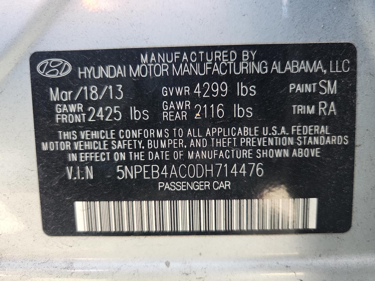 2013 Hyundai Sonata Gls VIN: 5NPEB4AC0DH714476 Lot: 63296295