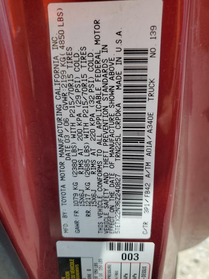 2006 Toyota Tacoma Access Cab VIN: 5TETX22N36Z240827 Lot: 62908955