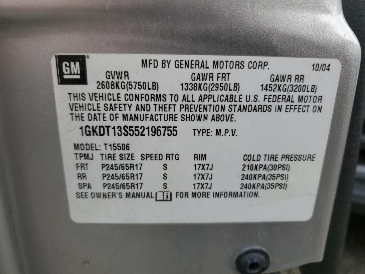 2005 GMC Envoy VIN: 1GKDT13S552196755 Lot: 64376635