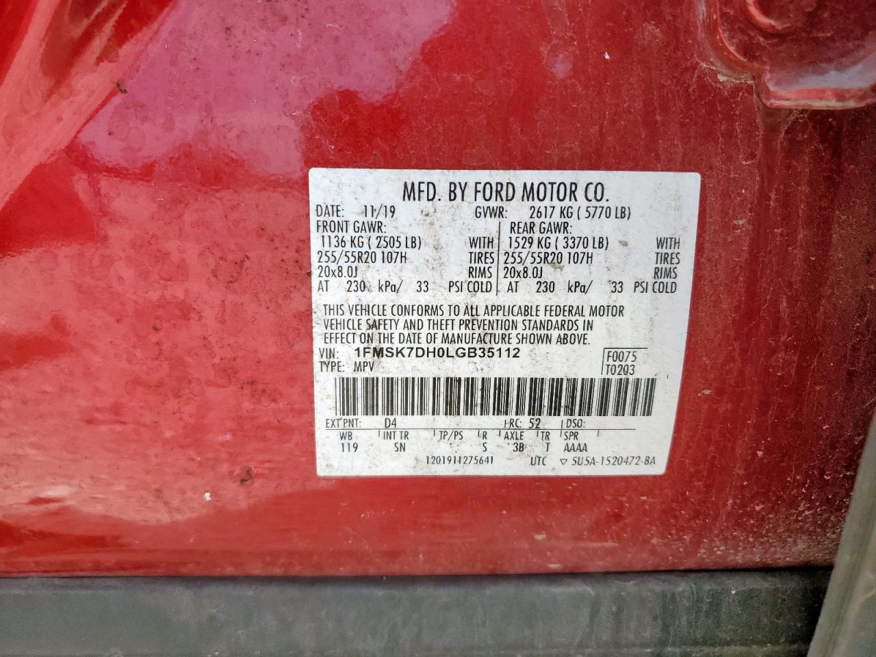 2020 Ford Explorer Xlt VIN: 1FMSK7DH0LGB35112 Lot: 64995965