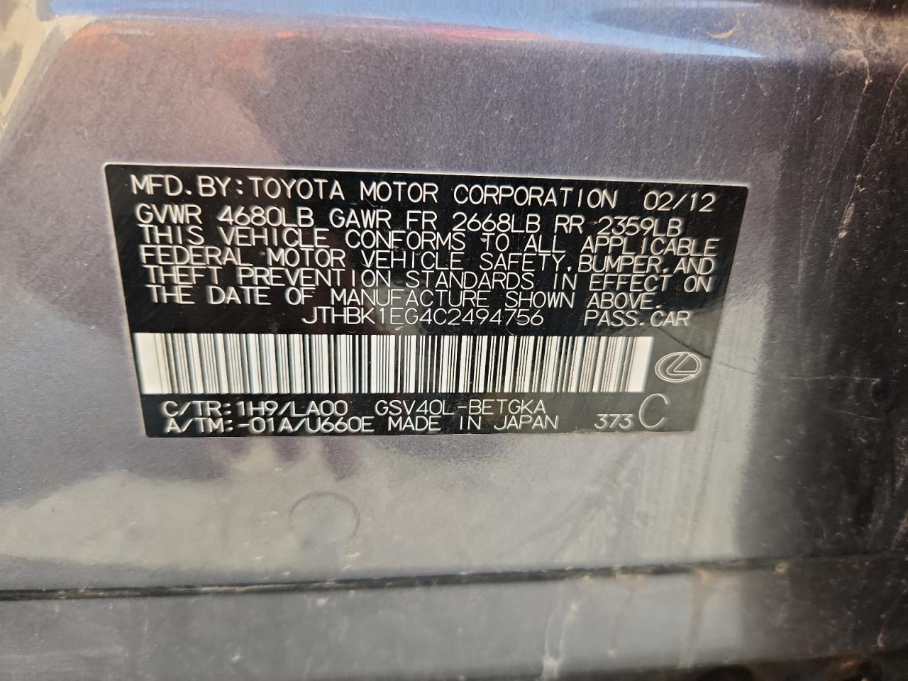 2012 Lexus Es 350 VIN: JTHBK1EG4C2494756 Lot: 64950795
