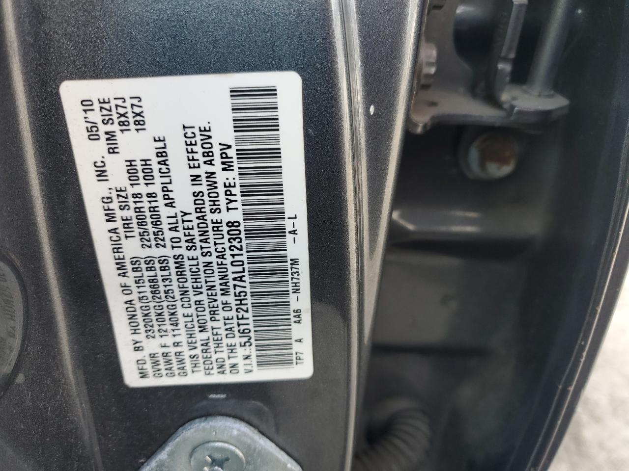 2010 Honda Accord Crosstour Exl VIN: 5J6TF2H57AL012308 Lot: 65271065