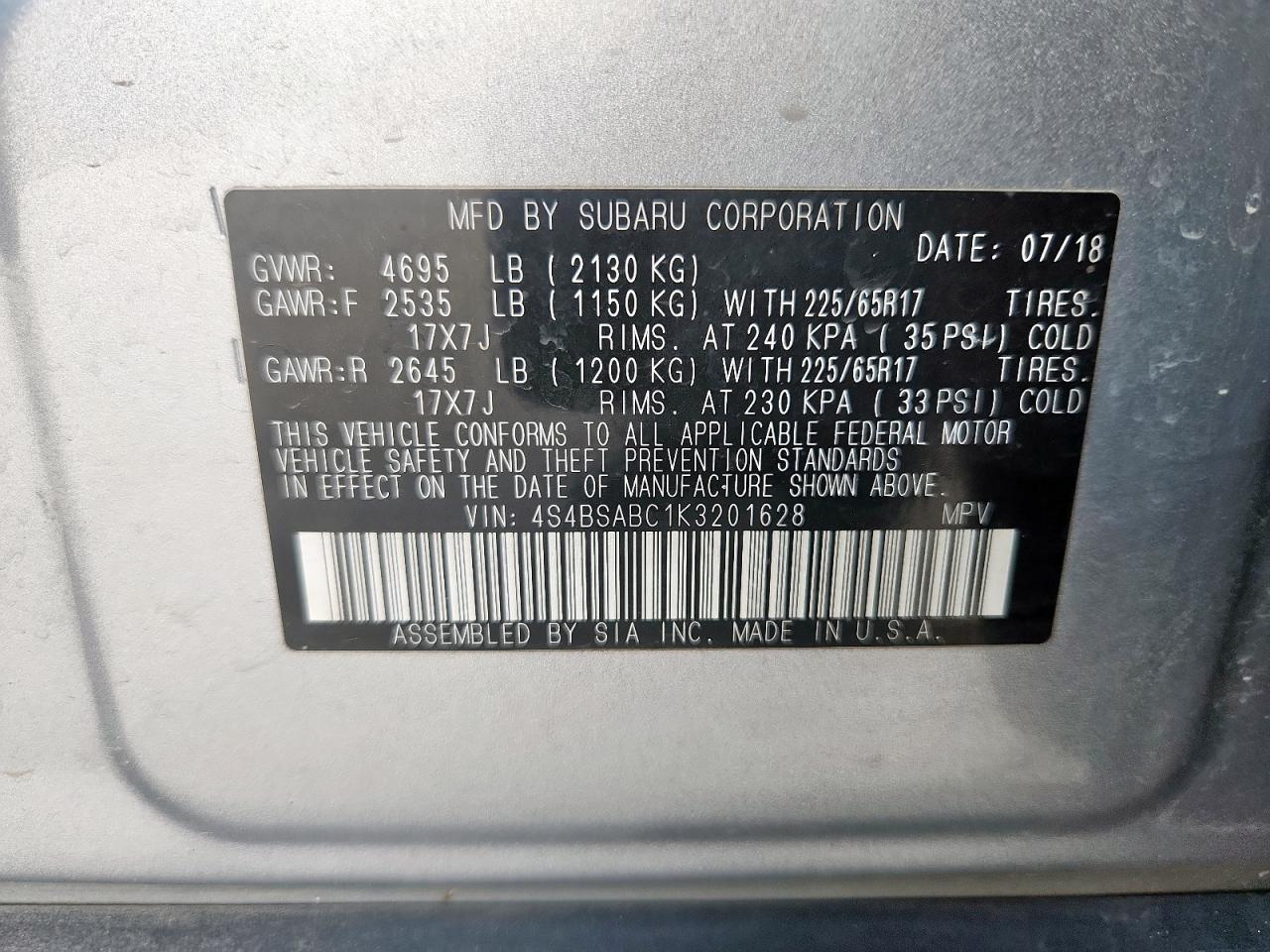 2019 Subaru Outback 2.5I VIN: 4S4BSABC1K3201628 Lot: 64498065