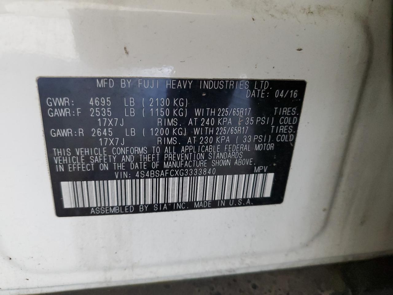 2016 Subaru Outback 2.5I Premium VIN: 4S4BSAFCXG3333840 Lot: 65183585