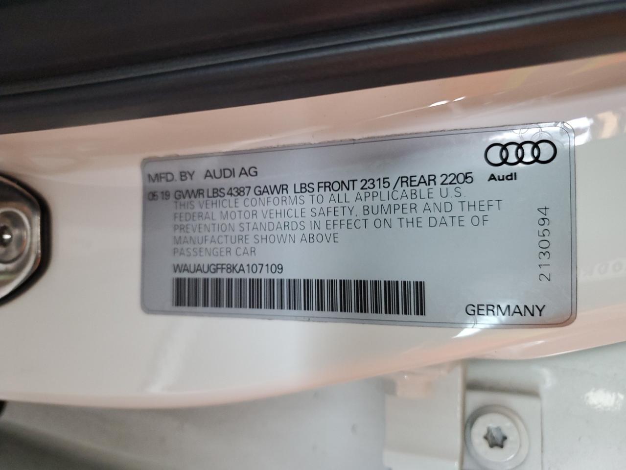 2019 Audi A3 Premium VIN: WAUAUGFF8KA107109 Lot: 63522295