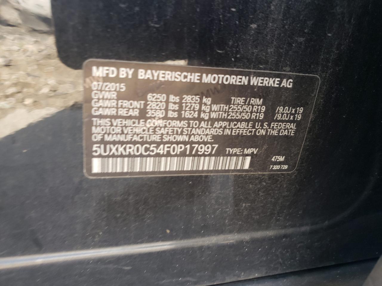2015 BMW X5 xDrive35I VIN: 5UXKR0C54F0P17997 Lot: 64731675
