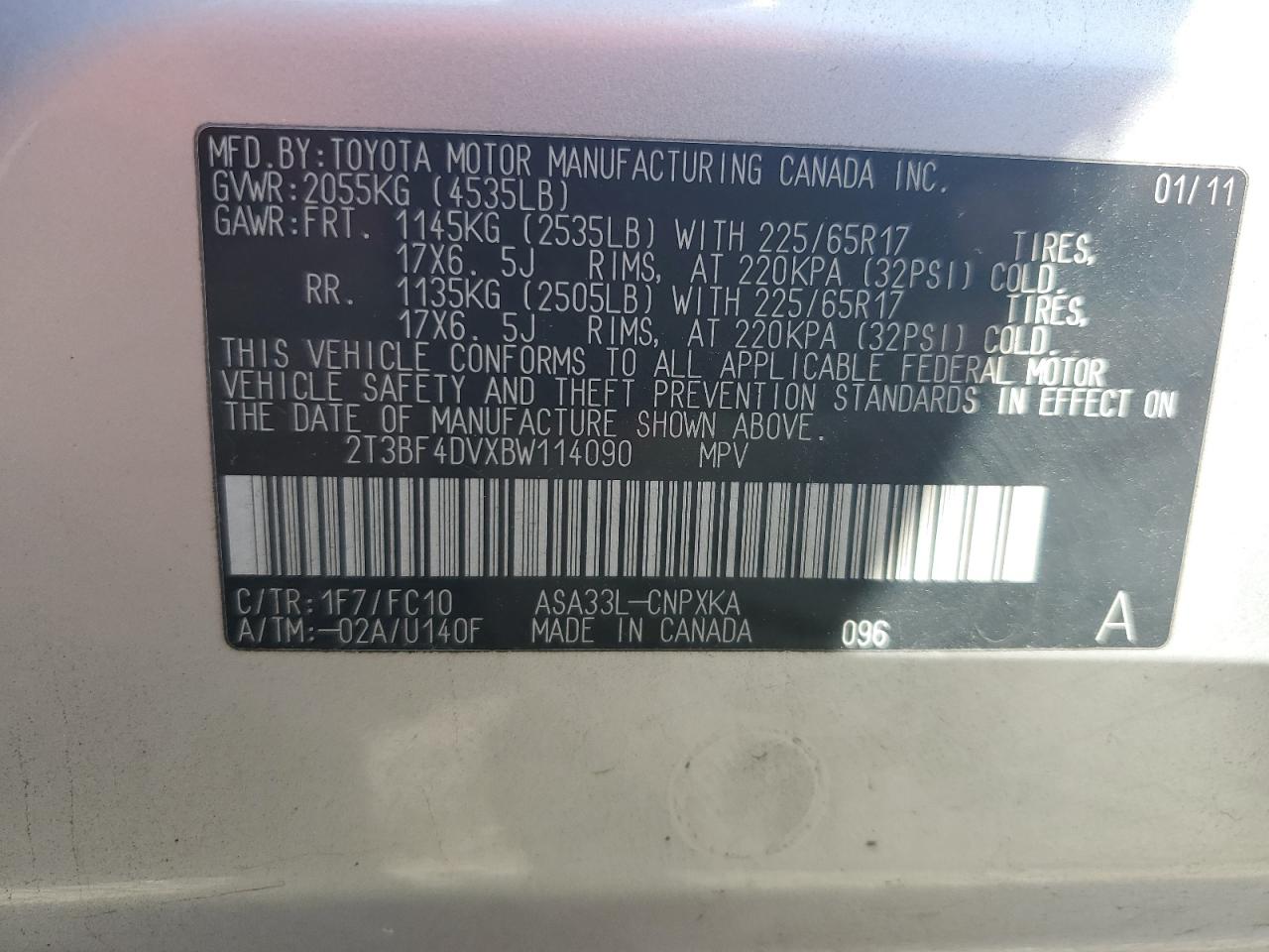 2011 Toyota Rav4 VIN: 2T3BF4DVXBW114090 Lot: 64590845