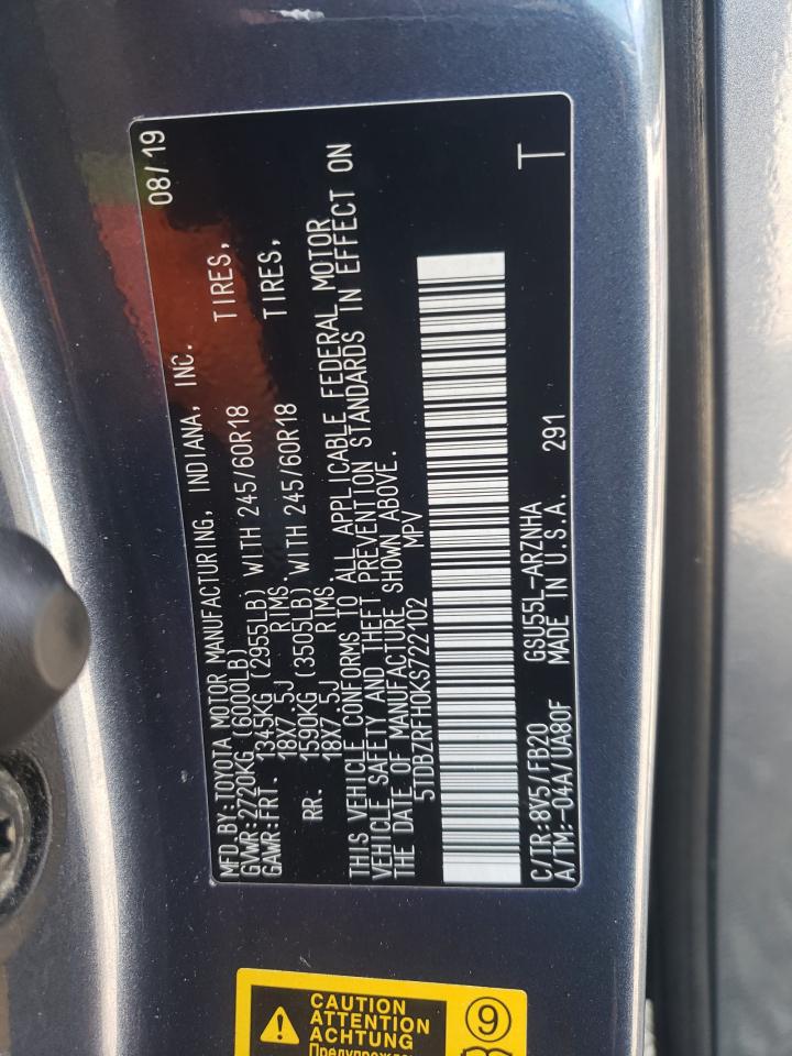 2019 Toyota Highlander Le VIN: 5TDBZRFH0KS722102 Lot: 66678935