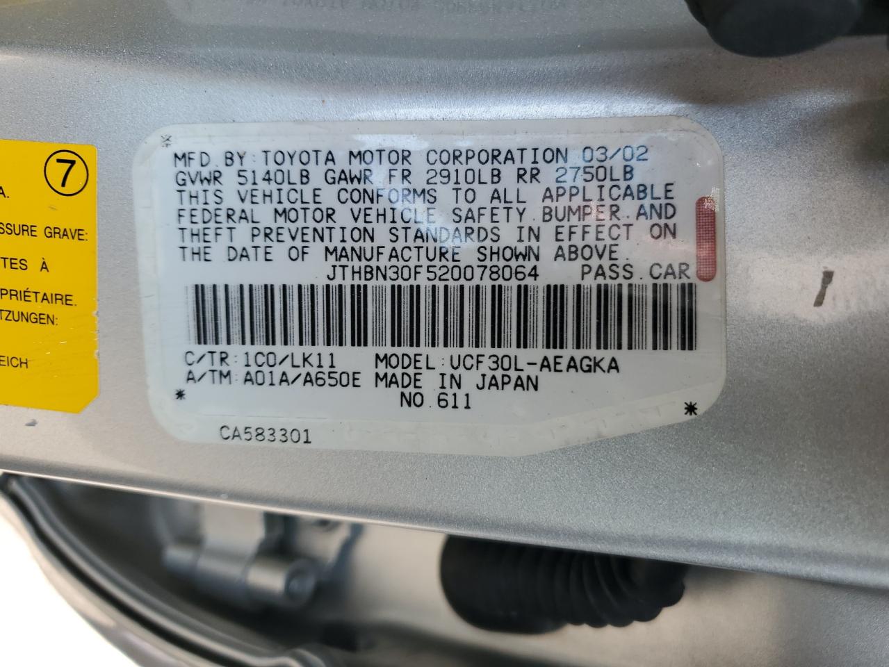 2002 Lexus Ls 430 VIN: JTHBN30F520078064 Lot: 64752075