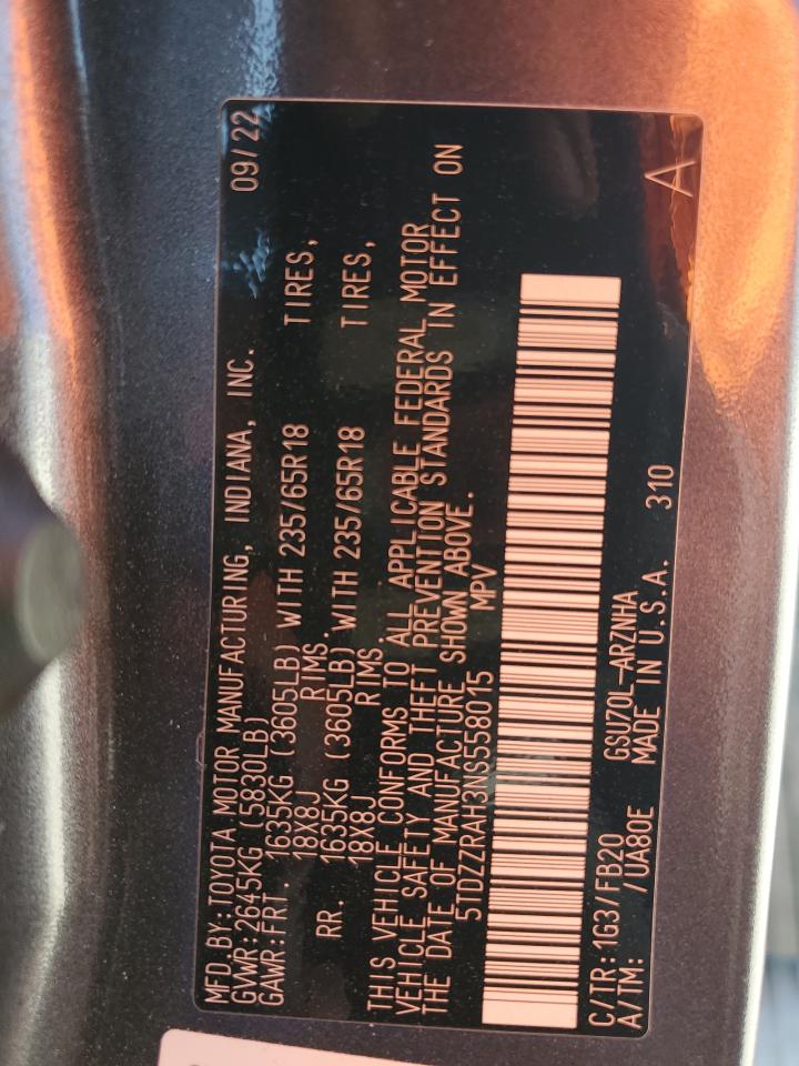 2022 Toyota Highlander L VIN: 5TDZZRAH3NS558015 Lot: 64471175