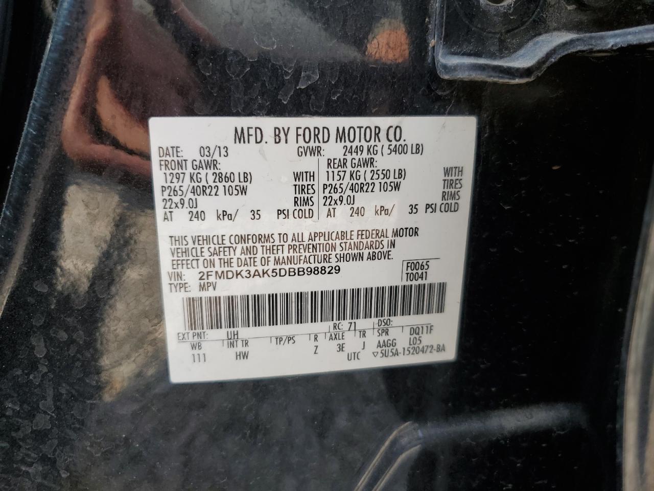 2013 Ford Edge Sport VIN: 2FMDK3AK5DBB98829 Lot: 64788855