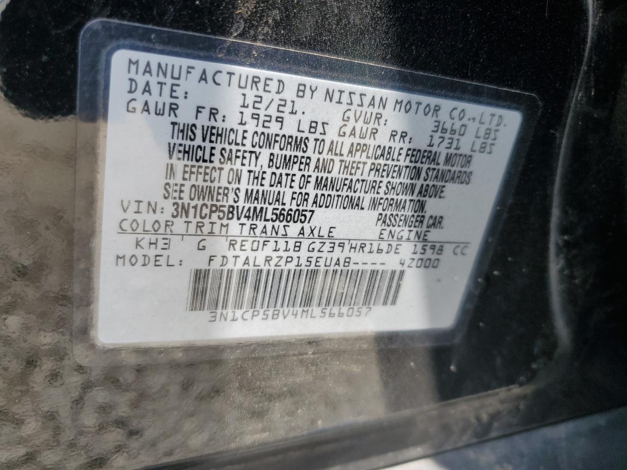 2021 Nissan Kicks S VIN: 3N1CP5BV4ML566057 Lot: 65287325