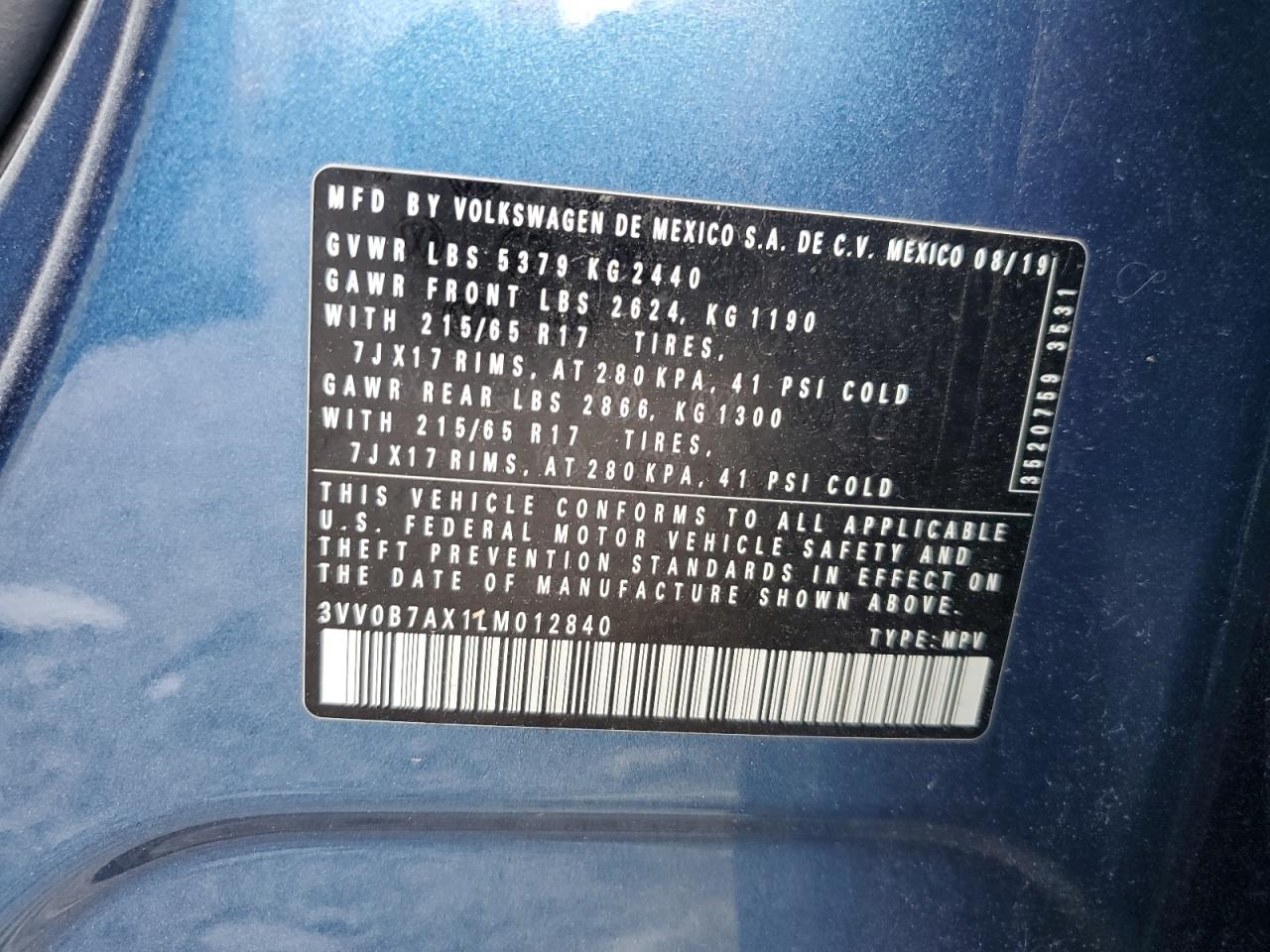 2020 Volkswagen Tiguan S VIN: 3VV0B7AX1LM012840 Lot: 65369855