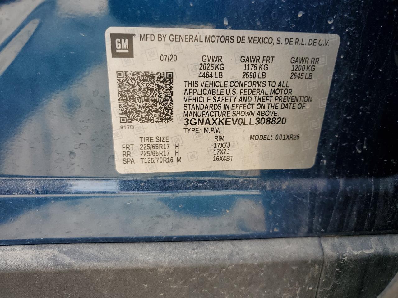 2020 Chevrolet Equinox Lt VIN: 3GNAXKEV0LL308820 Lot: 65215835
