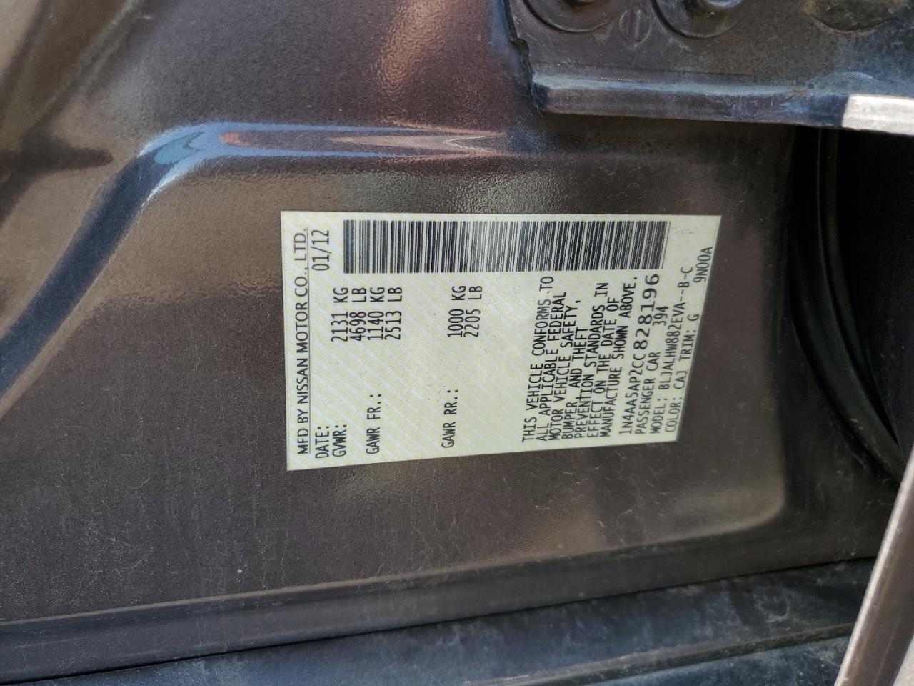 2012 Nissan Maxima S VIN: 1N4AA5AP2CC828196 Lot: 63259335