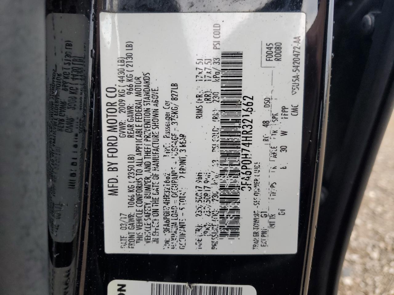 2017 Ford Fusion Se VIN: 3FA6P0H74HR321662 Lot: 64209835