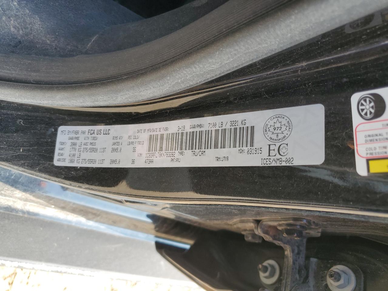 2019 Ram 1500 Rebel VIN: 1C6SRFLT8KN783282 Lot: 63291825